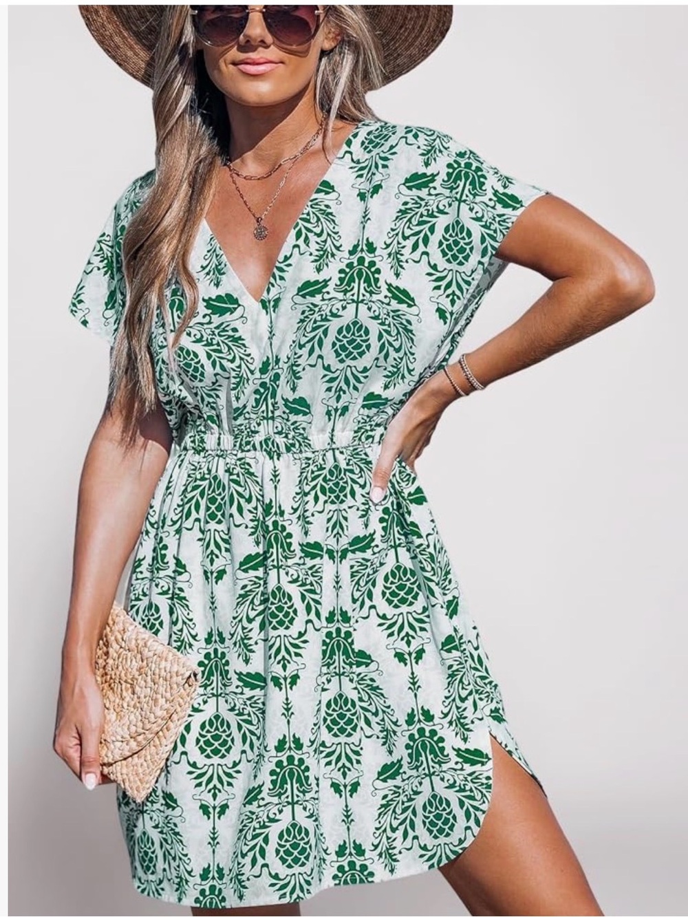 CUPSHE Ornate Green Leaf & White Cover-Up Mini Dress New With Tag Large
